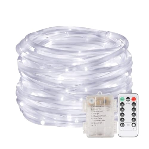 AVEKI Guirnalda de luces LED, 33 pies, 100 luces LED que funcionan con pilas, con control remoto y 8 modos, luces LED...