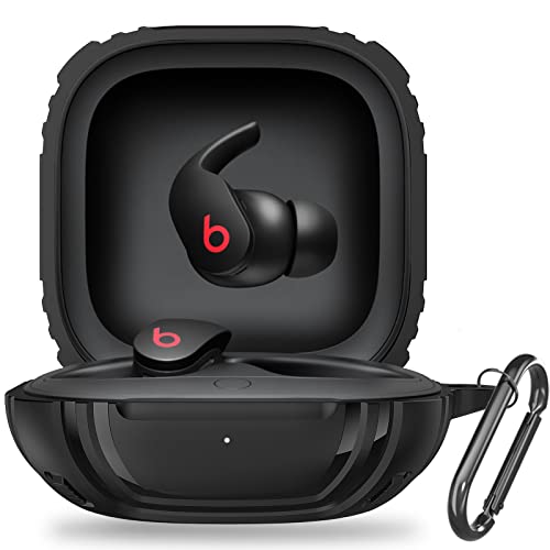 4 in 1 Beats Fit Pro Case Cover, TPU Military Beats Case Protective Shockproof Hard Shell Compatible with Beats Fit Pro 2021 for Men with Keychain & Lanyard & Cleaning Brush [Front LED Visible-Black]