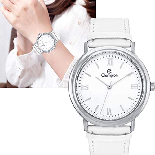 Relógio Feminino Prateado Couro Branco Grande Original Prova d´Água CN20051S
