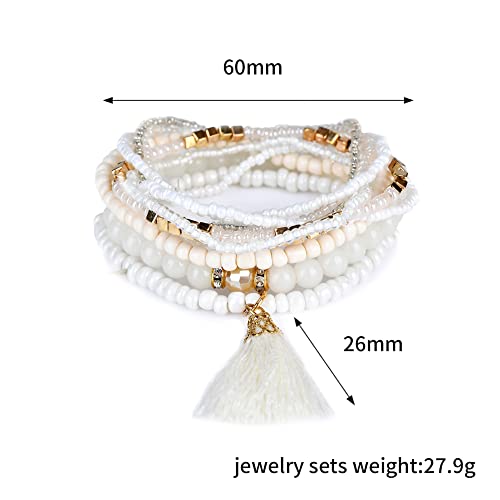 Lureme Bohemian Beads Pearl Tassel Multi Strand Textured Stackable Bangle Bracelet Set-White(Bl003054-1) #TOP3