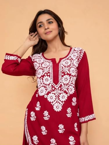 Image of Sidhidata Women Rayon Regular Stylish Kurti with 3 /4 Sleeves & Beautiful Neck Embroidery Ideal for Casual Office Wear & Everyday Comfort (Kurti Angell)