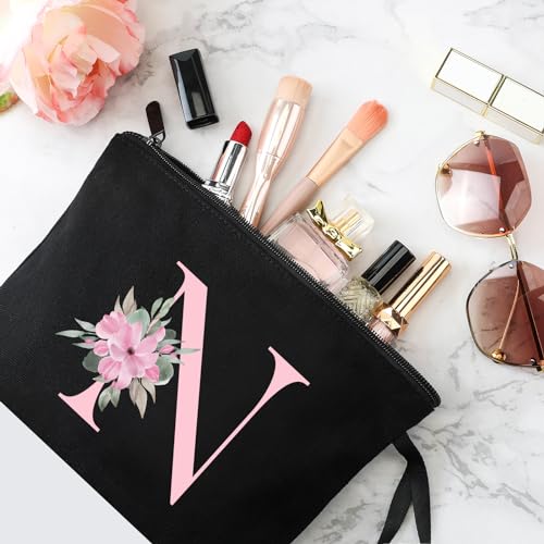 Image of Vavabox A-Z Personalized Makeup Bag, Birthday Gifts for Women Mom, Gifts for Best Friend, Bride Bridesmaid Cosmetic bag (N, 02-Black)