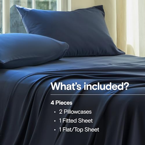 Image of DOZ Sheet Set, 100% Viscose derived from Bamboo, Organically Grown, Buttery Soft, Cooling Sheets, High GSM, Deep Pockets - 4 Piece - 2 Pillowcases 1 Fitted 1 Top Sheet (Sapphire, King)