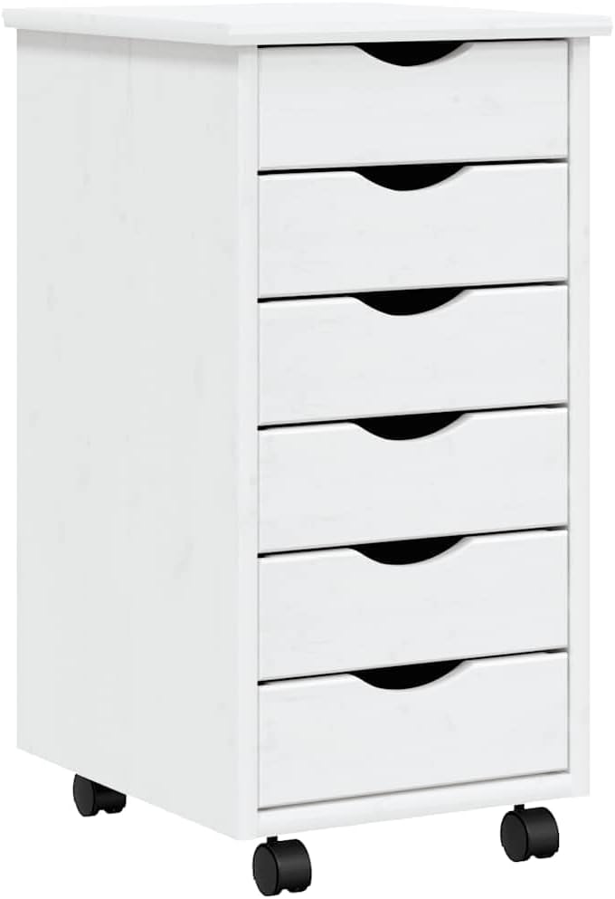 White Rolling Cabinet with 6 Drawers, Solid Pine and Engineered Wood Construction, Mobile Storage Unit with Smooth Finish for Home Office Organization