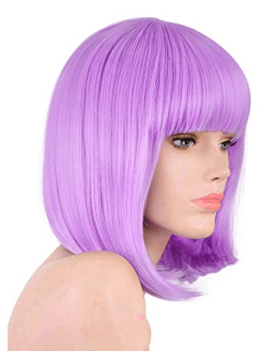 Annivia Lavender Purple Short Bob Wig for Women 12inch Synthetic Straight Wigs with Bangs Halloween Cosplay Party Wig Natural As Real Hair Wig for Women (Lavender Purple)