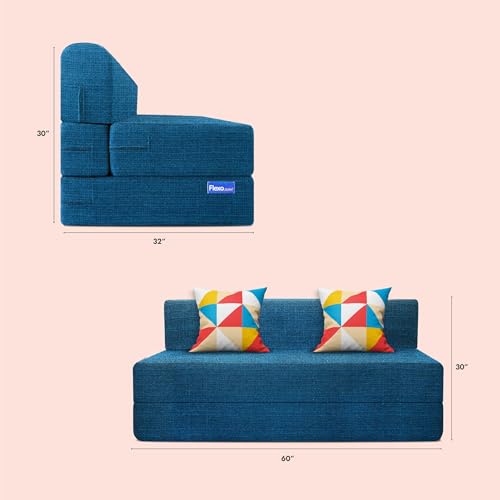 Image of Starlon 3 Seater Sofa Cum Bed Foldable 3-in-1 Sofa Bed with 1 Year Warranty, Washable Jute Fabric Cover & 2 Geometrical Pillows | Aqua Teal 5x6.5 Ft