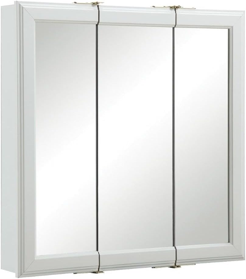 Pemberly Row Modern Classic 24-Inch Wood Medicine Cabinet, White Finish, 3 Mirrored Doors, 2 Adjustable Shelves, Surface Mount Design for Bathroom Storage and Grooming Essentials