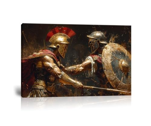 Spartan Wall Art Medieval Warrior Wall Decor Ancient Greek Soldier Posters Armor Canvas Pictures Prints Artwork for Bedroom Living Room Office Game Room Home Decor Framed (16''W x 12''H)