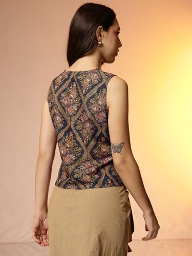 Image of Amazon Brand - INKAST Women Floral Printed Button Down V-Neck Tunic Top|Sleeveless|Ethnic Crop Top