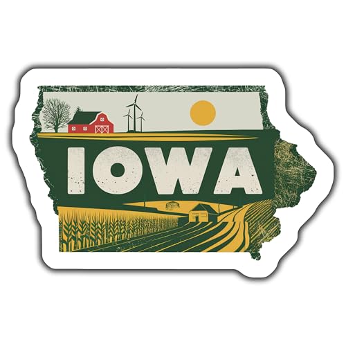 Iowa Barn Retro Sticker, State of Iowa Landscape, Vintage Sunrise Design, Farmhouse Windmill Sticker, Cute Iowa Travel Sticker - 5-Inch Sticker - 2-Pack - CCSTICKER00658