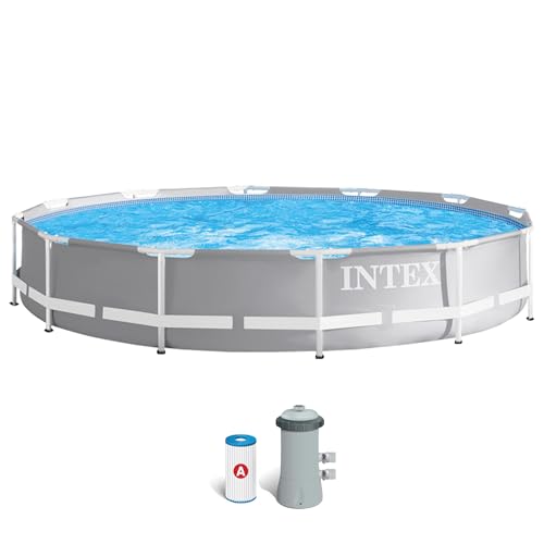 Intex 12ft x 30inch (3.66m x 0.76m) Round Metal Frame Prism Swimming Pool with Filter Pump. UK Specification with Factory Fitted UK 3 Pin Plug