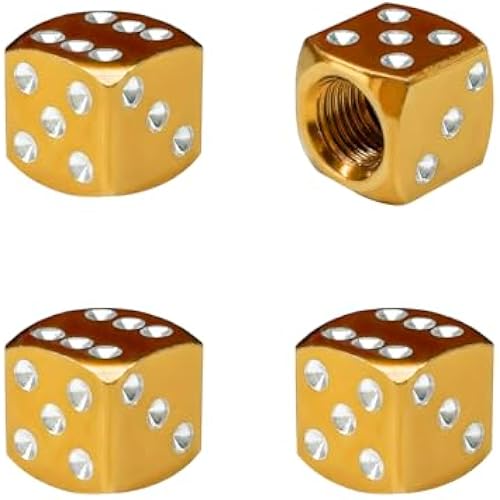4PCS Dice Style Tire Valve Stem Caps, Aluminum Dice Automotive Tire Air Valve Stem Covers, Airtight Tyre Dust Caps for Auto Bike SUV Trucks Motorcycles, Car Accessories (Golden)