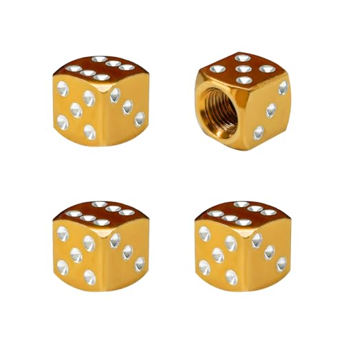MUQIDA 4PCS Dice Style Tire Valve Stem Caps, Aluminum Dice Automotive Tire Air Valve Stem Covers, Airtight Tyre Dust Caps for Auto Bike SUV Trucks Motorcycles, Car Accessories (Golden)