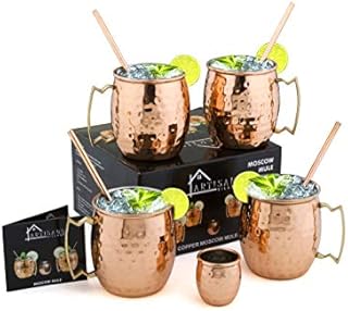 Moscow Mule Copper Mugs: Set of 4 Stainless Steel Lined Copper mugs (16 oz), 4 Straws, and a Shot glass