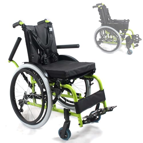 Pediatric Wheelchair, Lightweight Aluminum Wheelchairs- Foldable w/with Swing-Away Elevating Leg Rests and Flip-Back Arms, Kids Folding Transport Wheel Chair, 14 Wide Seat, Great for Children, Green