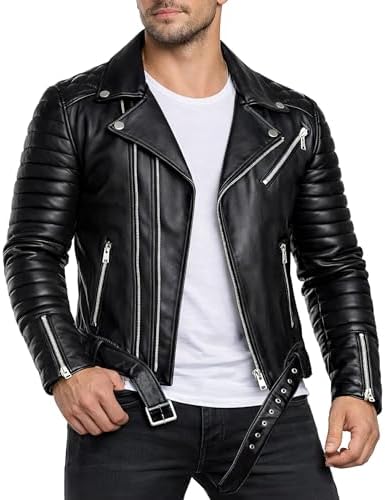 Reichstadt Men's Genuine Faux Leather Denim Moto Jacket, Schwarz