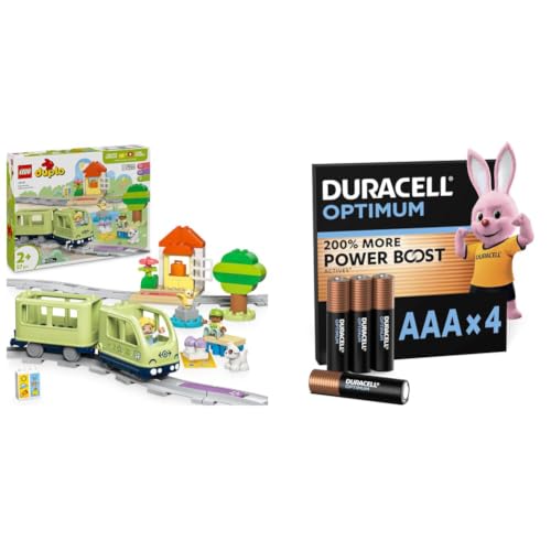 Image of LEGO DUPLO Interactive Adventure Train Set - Toddler Learning Toy for 2+ Year Old Boys & Girls - incl. 14 Track Pieces, Action Bricks with Sound and 4 Figures + Duracell Optimum pack of 4 AAA