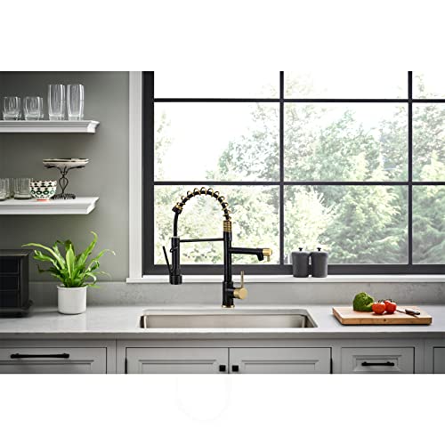 Commerical Kitchen Faucet With Pull Down Sprayer, Single Handle 2 Spout Stainless Steel Spring Kitchen Sink Faucet With Lock, Matte Black And Gold #TOP3