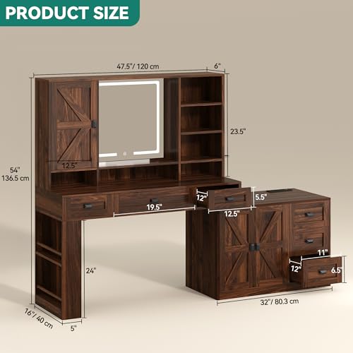 DWVO L Makeup Vanity Desk with Mirror and Lights, Farmhouse Big Lighted Vanity Table Set with 6 Drawers and Cabinet Shelves, 360° Rotation Large Dressing Table for Bedroom, Brown