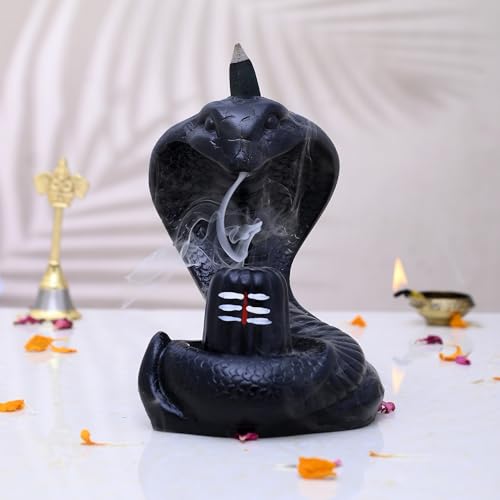 Image of Craftam Polyresin Naag with Shivling Smoke Backflow Cone Incense Holder Decorative Showpiece with 30 Free Smoke Backflow Scented Cone Incenses (Black)