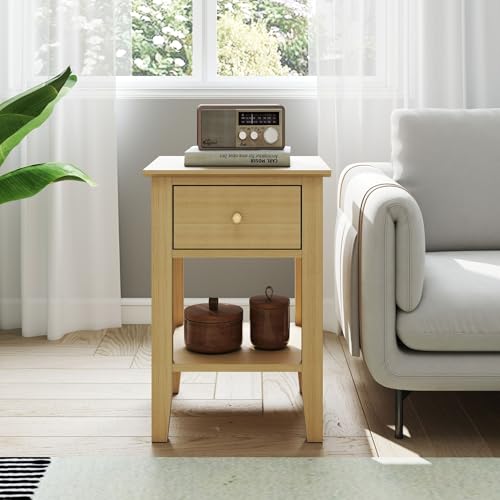 Image of Henley 1-Drawer Bedside Cabinet, Premium Modern Scandinavian Design, Oak-Effect Finish, Finished Back Panel, Metal Runners, Golden Handles, Storage Nightstand for Bedrooms, Living Rooms & Hallways