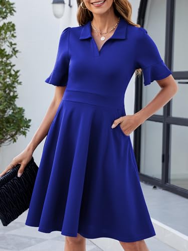 Image of Mokayee Womens Summer Ruffle Sleeve Collared V Neck Fit and Flare Elegant A line Swing Dresses with Pockets