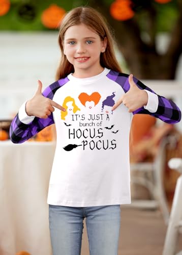 Image of BesserBay Girls Halloween Funny Plaid Graphic Shirt Long Sleeve Spooky Patchwork Raglan Top 5-14 Years