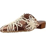 Hispanitas - Sandalias,Zueco Elegante con tacón de Bloque,Ancho imitación a Madera,diseño Floral,Calado para: Mujer Color: Naturales Talla:40