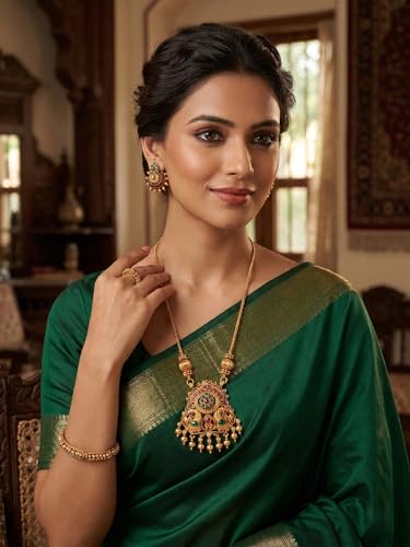 Image of Traditional Gold-Plated Lakshmi Temple Pendant Necklace Set for Women | Antique South Indian Jewelry with Jhumka Earrings | Ethnic Bridal, Wedding & Festive Jewelry Set