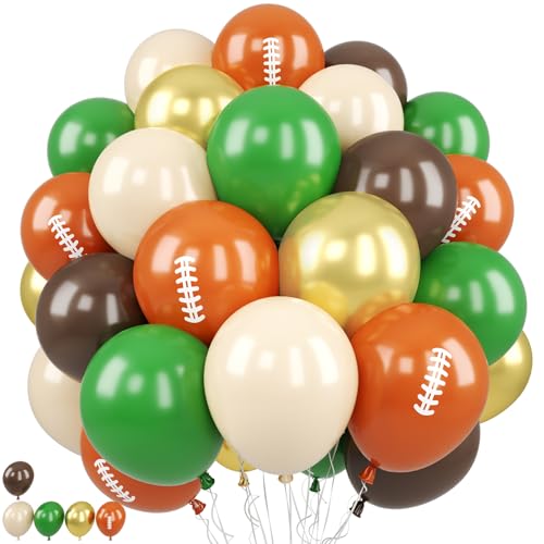 Image of Football Balloons, 50PCS 12inch Party Balloons Dark Green Gold Black Beige Ballons Football Printed Balloons For Boys Game Sports Birthday Party Football Themed Decorations