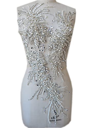 Handmade Rhinestones lace Applique handsewing Beads Sequins Trim Patches for Dress Clothes Accessories (Silver)