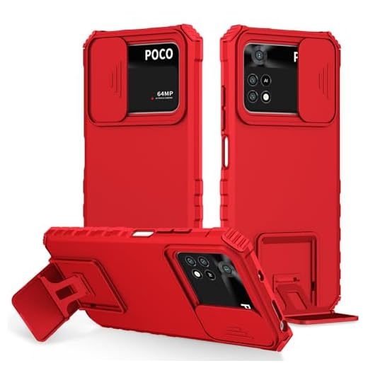 YOUULAR Capa compatível com Xiaomi Poco M4 Pro 4G suporte dimensional janela deslizante capa para celular capa protetora à prova de choque capas militares vermelhas