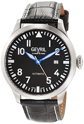Gevril 43504-01 Men's Vaughan Swiss Automatic Watch, Genuine Italian Black/White Stitching Leather Strap