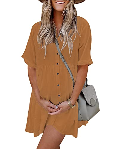 Image of PYGFEMR Women's Short Sleeve Babydoll Dress Button Down Dresses with Pockets