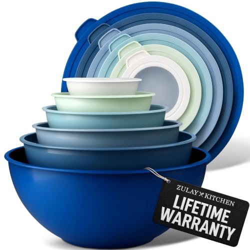 Zulay Kitchen 12 Piece Plastic Mixing Bowls with Lids Set - Leak-Proof Microwave & Freezer Safe Stackable Mixing Bowl Set for Preparing Serving and Storing - Non-Slip Large Nesting Bowls (Blue Ombre)