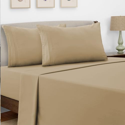 DYETEX Bed Sheets Set - Ultra Soft 100% Microfiber 4 Pcs 1800TC Embroidered Bed Sheets - Sheet Set Include 1 Flat Sheet-1 Deep Pocket 40CM Fitted Sheet and 2 Pillowcases (Taupe/Taupe, Double)