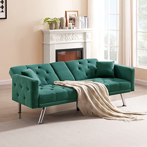 Eafurn Tufted Futon Sofa Bed W/Cup Holders, Linen Upholstered 2 Seater Sleeper Loveseat Couch, Splitback Convertible Daybed Sofa & Couch For Small Spaces With Square Armrest And Metal Legs, Green #TOP3