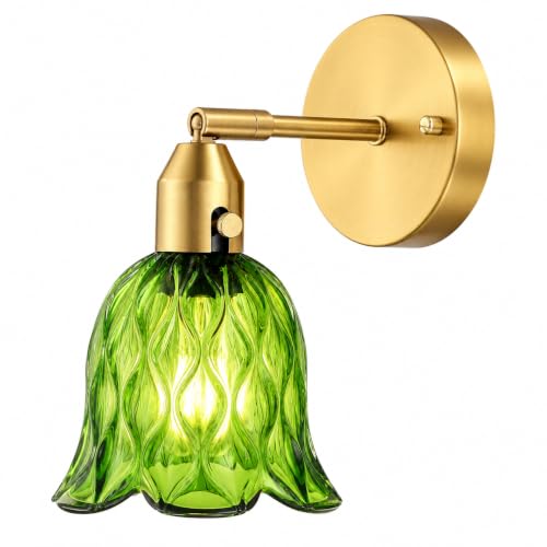 Image of Vintage Gold Wall Sconces - Hardwired Wall Mounted Light Fixtures with Clear Green Tulip Glass Lampshade, 2 Usage Methods Wall Light fixtures for Bathroom Mirror Living Room Hallway Bedroom Wall Decor