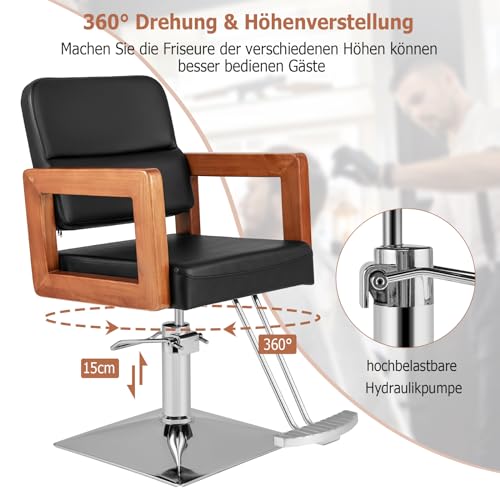 COSTWAY Krzesło fryzjerskie z regulacją wysokości, fotel fryzjerski, obciążenie do 150 kg, krzesło do salonu z obrotem o 360°, pompa hydrauliczna, fotel fryzjerski spa z drewnianymi podłokietnikami