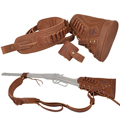 Leather Gun Buttstock Cheek Rest Pad with Matched Sling and Loops, No Drill/No Mounts Needed (Brown (.357 .30-30 .38), Lefty Handed)