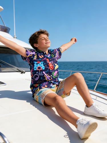 Image of uideazone Boys Hawaiian Shirts Novelty Printed Funky Short Sleeve Button Down Shirt Kids Aloha Luau Shirt 7-14T