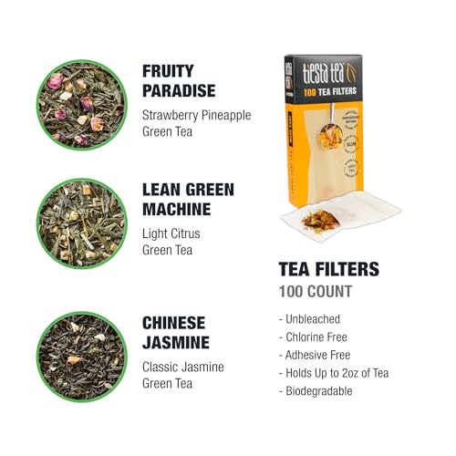 Image of Tiesta Tea - Green Tea Starter Kit, Loose Leaf, Premium Green Blend Gift Set, Medium Caffeinated, Make Hot or Iced, Includes 3 Loose Leaf Samplers & 100 Disposable Filters