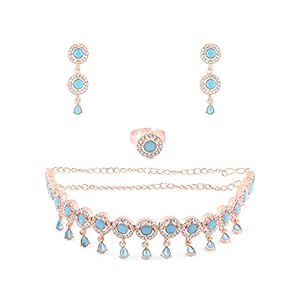 zaveri pearls turquoise blue dazzling stones sleek choker necklace earring & ring set for women zpfk15145