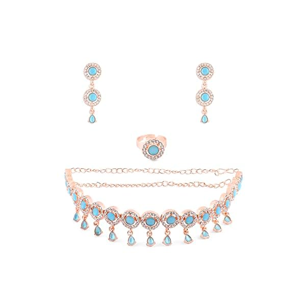 ZAVERI PEARLS Turquoise Blue Dazzling Stones Sleek Choker Necklace Earring & Ring Set For Women-ZPFK15145