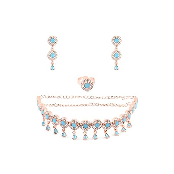 zaveri pearls turquoise blue dazzling stones sleek choker necklace earring & ring set for women zpfk15145