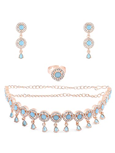 zaveri pearls turquoise blue dazzling stones sleek choker necklace earring & ring set for women zpfk15145