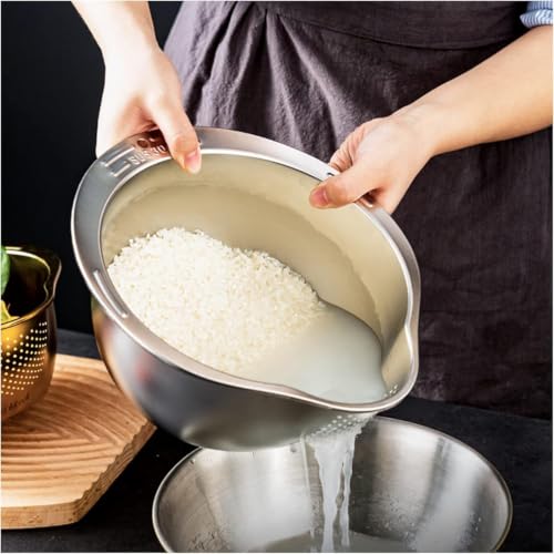 Image of Rice Washer Strainer Bowl with Side Drain Design, SUS304 Stainless Steel Rice Cleaning Colander for Washing Rice, Quinoa, Beans, Fruits & Vegetables, Kitchen Drain Bowl with Pouring Spout