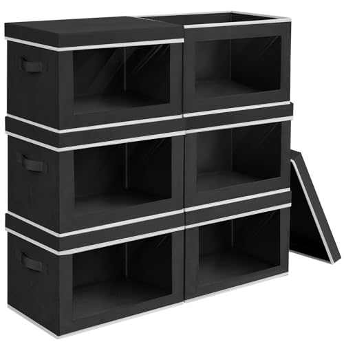 Homsorout Large Storage Baskets with Lids - Stackable Cube Bins for Closet, 6 Pack Black Windows Organizer Bins, Home Organizers and Storage for Clothes, CD, Towels