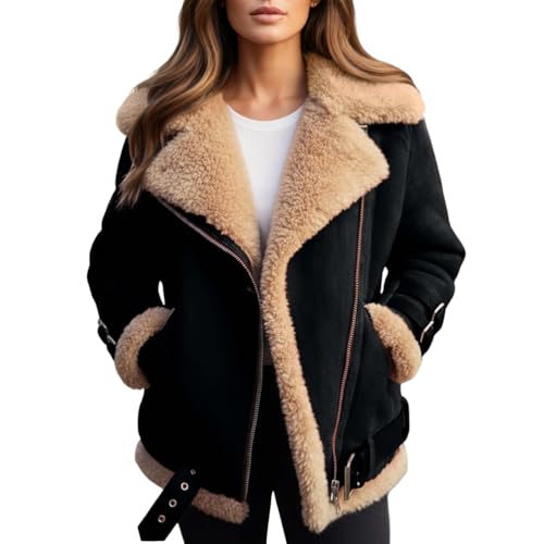 Minetom Blouson Aviateur Femme Hiver Veste En Polaire Chaude Manteau en Fausse Fourrure Blouson pour Motard A Noir L