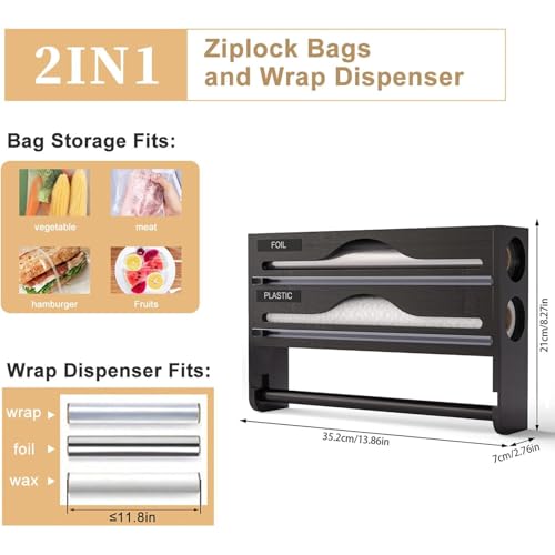 Dispenser e taglierina 3 in 1, in bambù, per pellicola trasparente, fogli di latta e carta pergamena, adatto per rotoli da 34,3 cm, organizer da cucina, durevole ed elegante (bianco)